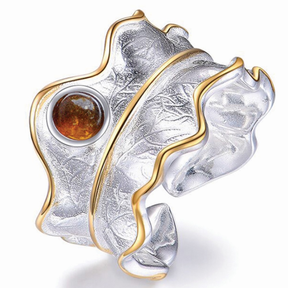 925 Sterling Silver Orange Tourmaline Gemstone Wide Leaf Open Adjustable Ring